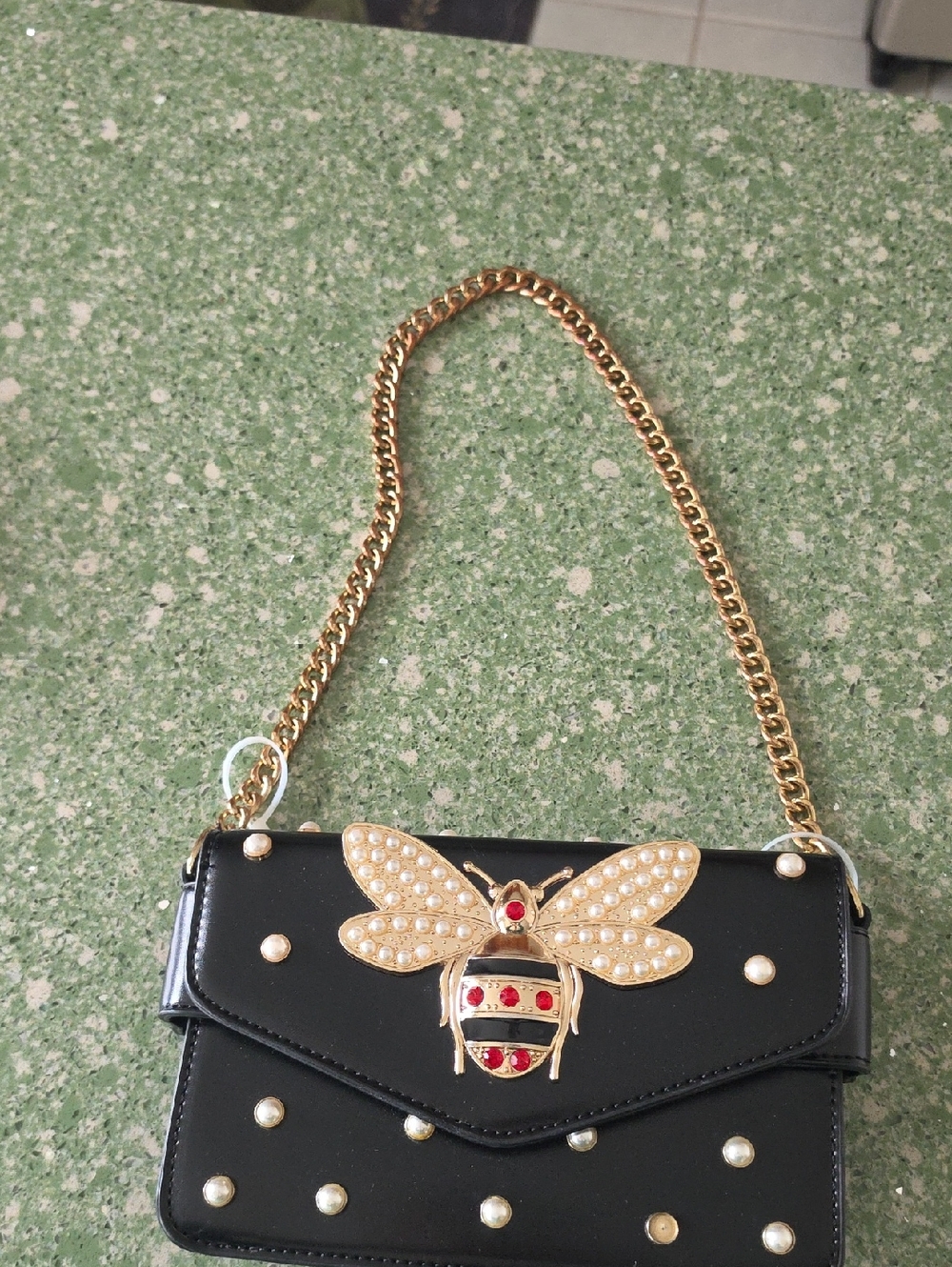 Black Pearl-Studded Bee Accent Chain Shoulder Bag